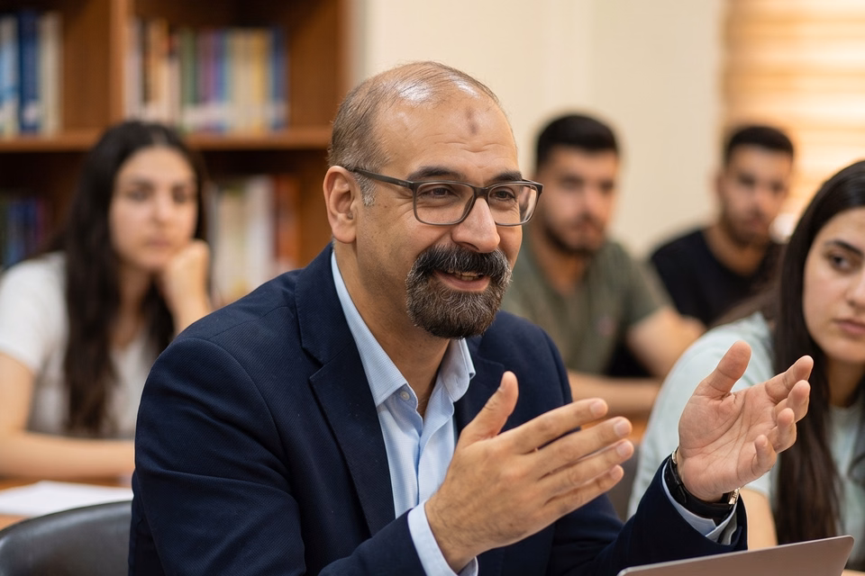 الدكتور وليد في نقاش مع الأطباء المقيمين والزملاء حول طاولة الحلقة الدراسية.